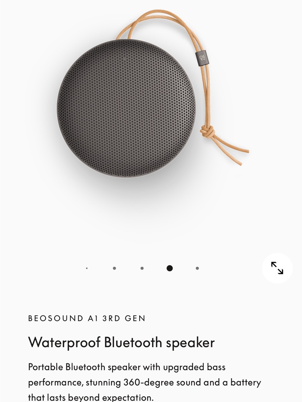Bang & Olufsen portable Bluetooth speaker in dark gray with tan strap